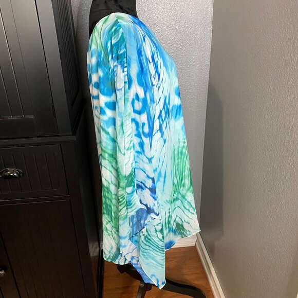 Dennis Basso Blouse Size 18W One Shoulder Asymmetrical Top Blue Green Flowy Chic - Picture 7 of 11